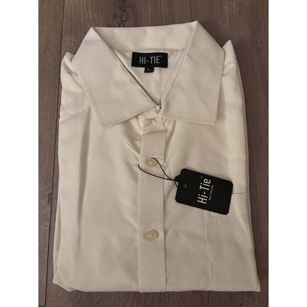 Hi-Tie Mens Ivory Dress Shirt Long Sleeve Button Down Formal Cream Size L NWT